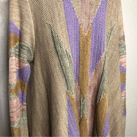 Lauren Ralph Lauren tan pink southwestern open long wool blend cardigan L/XL - Picture 10 of 16